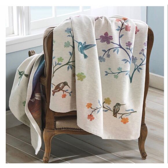 Cuddledown Hummingbird Throw Blanket Whimsical Jaquard Organic Cotton 59x50 - Picture 1 of 7